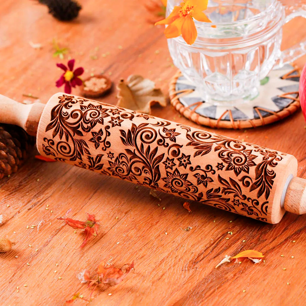 Holz-Nudelholz mit Sonnenblumenprägung für Gebäck & Kekse-Yabubest - Home & More