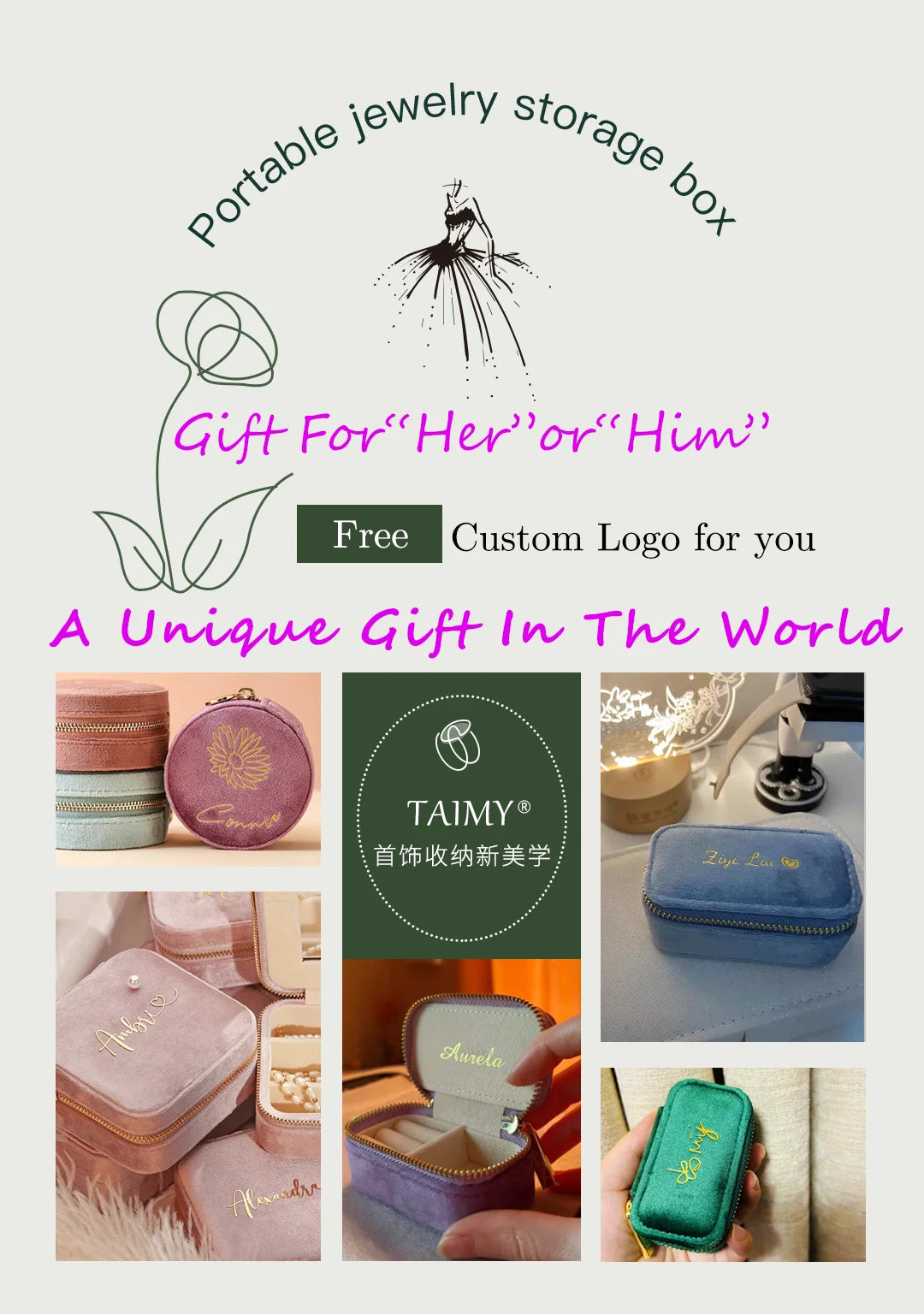 TAIMY Vintage Samt Reise-Schmuckbox Grün mit Spiegel Organizer