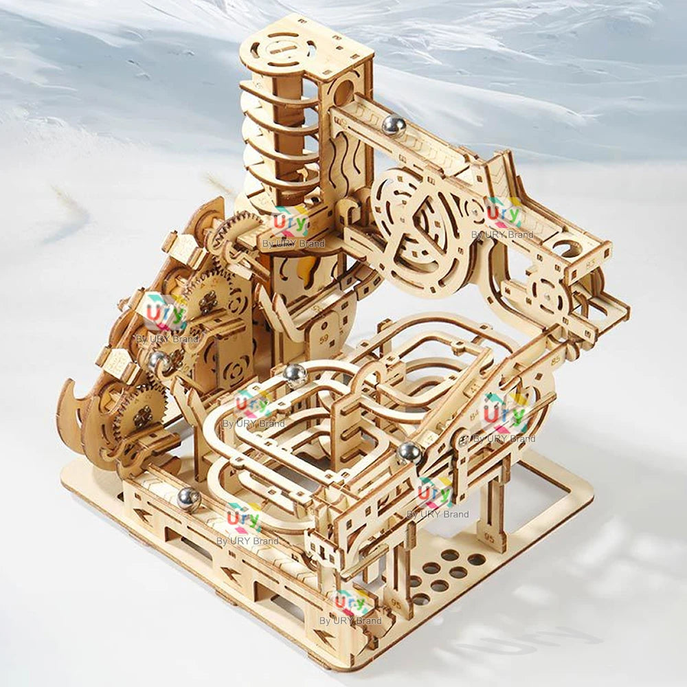 3D Holzpuzzle mit Marmor Laufset und mechanischem Katapult