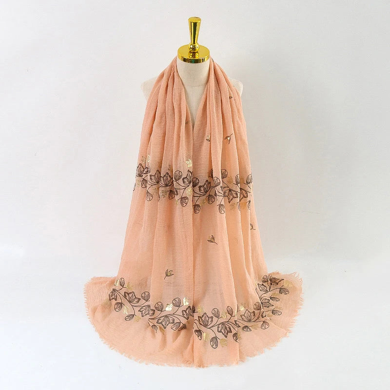 Damen Baumwoll-Leinen Schal Gold Bedruckt Quadratisch Kleine Blumenmuster