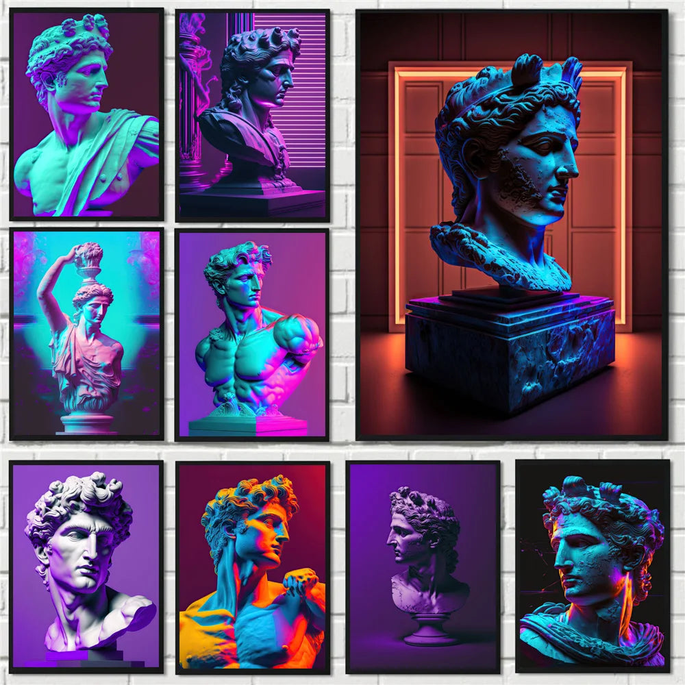 Bunte abstrakte Leinwanddrucke mit antiker griechischer David-Skulptur