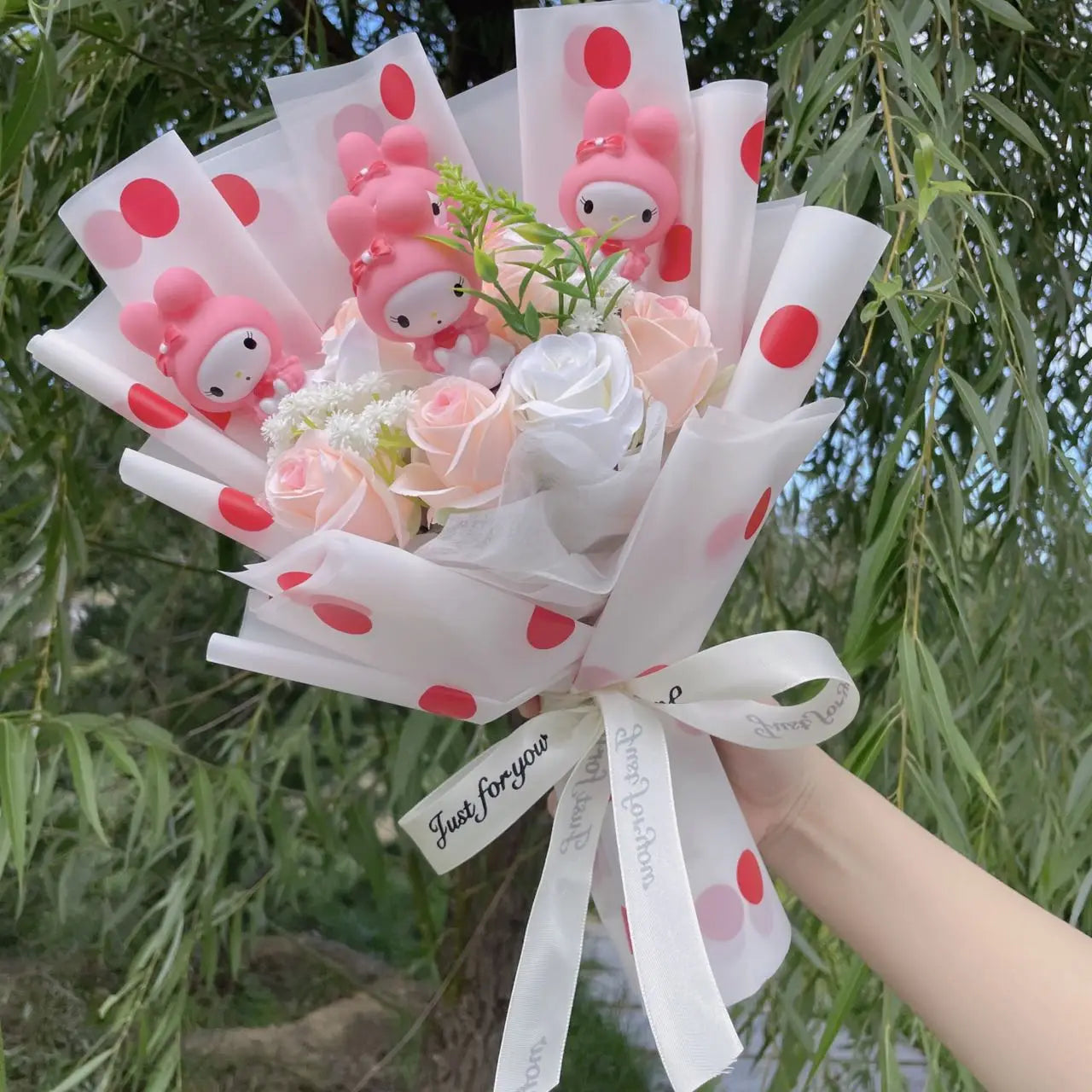 Kawaii Katzenpuppen mit künstlichen Blumen, kreativer Blumenstrauß 30-35cm-Yabubest - Home & More