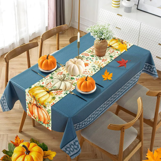 Tischläufer aus Leinen mit Eukalyptusblatt und Kürbis Muster für Herbstdeko