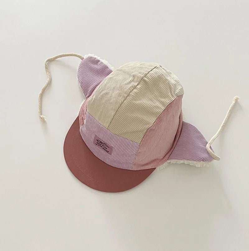 Warme Winter Patchwork Cord Baseball Caps mit Pelzfutter für Kleinkinder