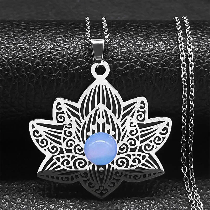 Edelstahl Halskette Blume des Lebens mit Mondstein für Damen Silber