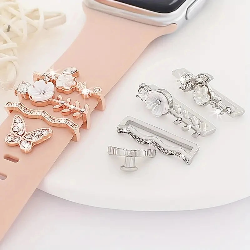 4 Stück Schmetterlings-Blumen-Armband-Ringschlaufen, Nägel, Nieten, niedliche Strass-Uhrenarmband-Charms, Dekorationen für Iwatch-Armband-Yabubest - Home & More