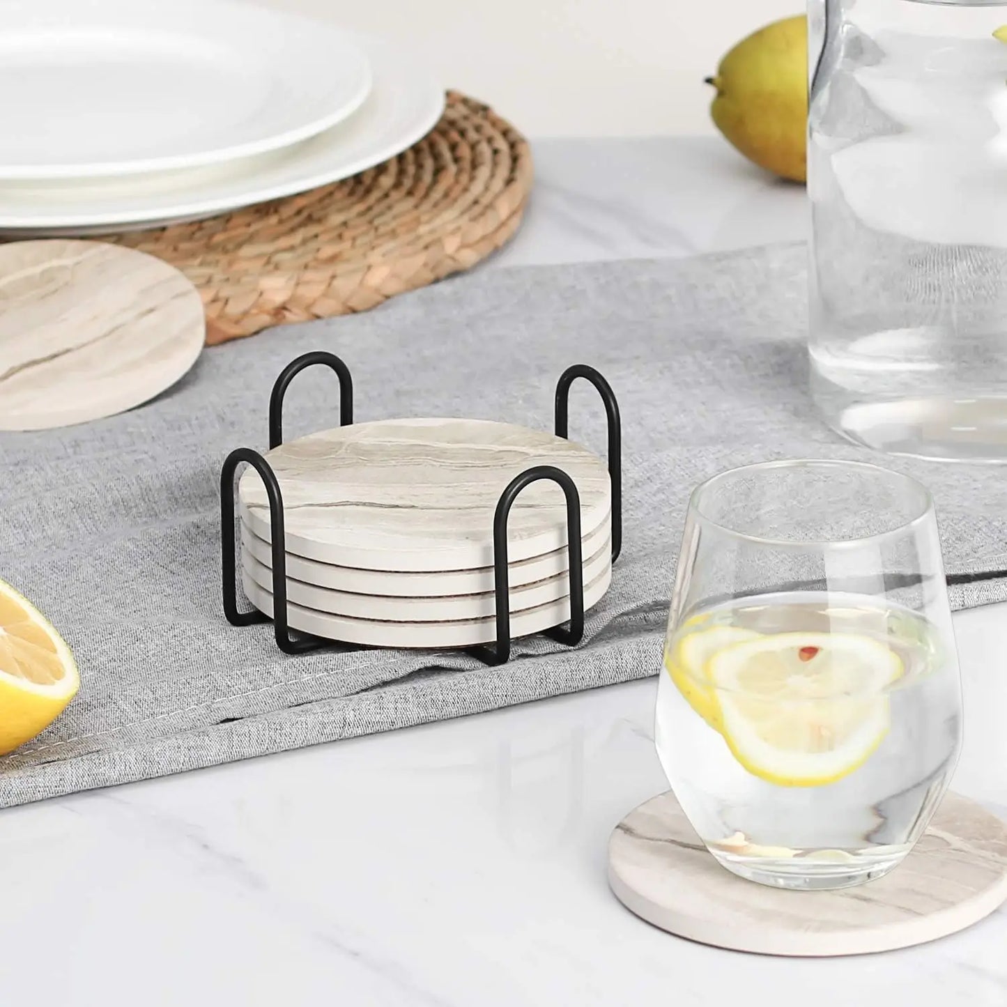 6er Set Acryl Getränkeuntersetzer Marmor Stil mit Halterung