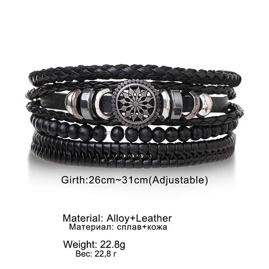 4-teiliges Herren-Lederarmband-Set mit Vintage Lebensbaum - Holzperlen