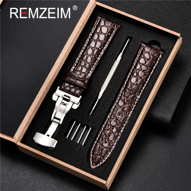 Geprägtes Leder Uhrenarmband 18-24mm mit Schmetterlingsverschluss
