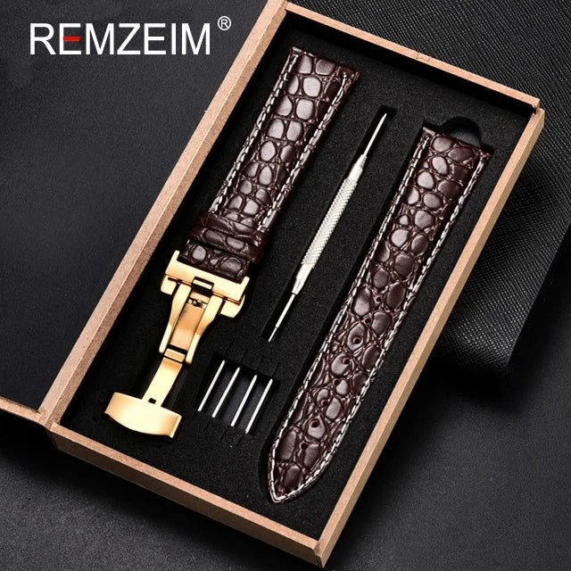 Geprägtes Leder Uhrenarmband 18-24mm mit Schmetterlingsverschluss