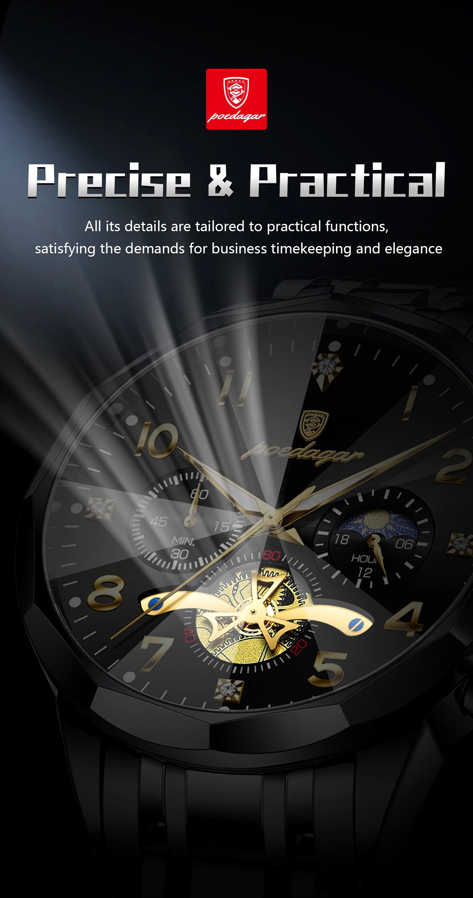 Wasserdichte Edelstahl Herrenuhr mit Chronograph und Leuchtfunktion-Yabubestshop