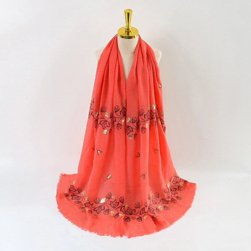 Damen Baumwoll-Leinen Schal Gold Bedruckt Quadratisch Kleine Blumenmuster