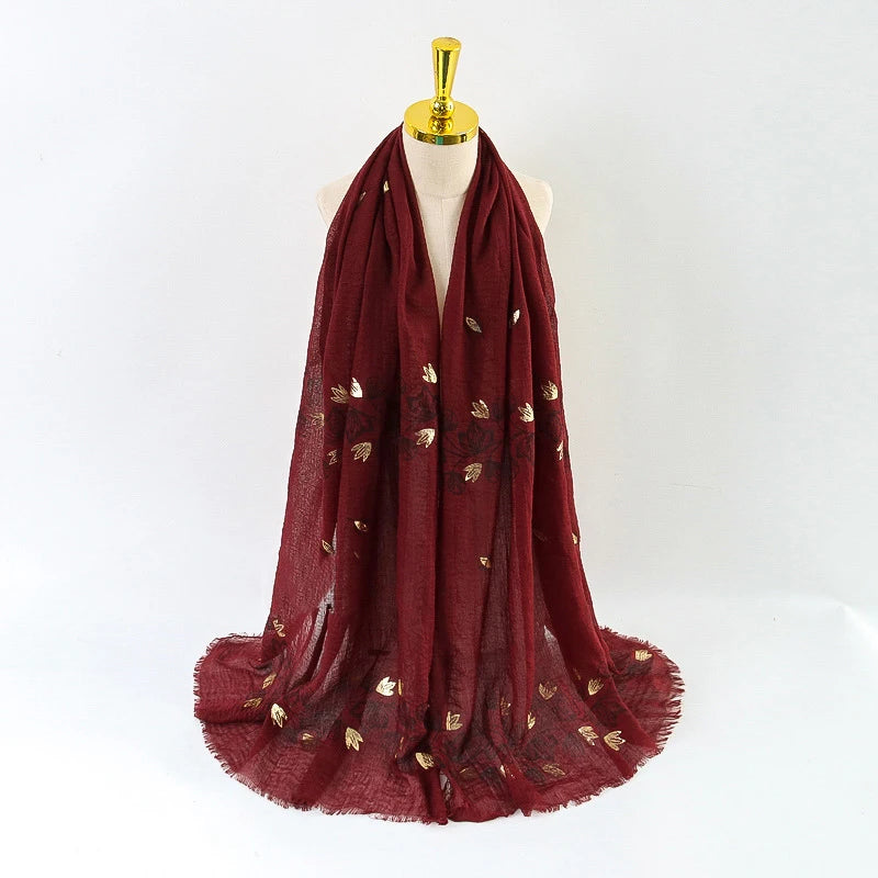 Damen Baumwoll-Leinen Schal Gold Bedruckt Quadratisch Kleine Blumenmuster