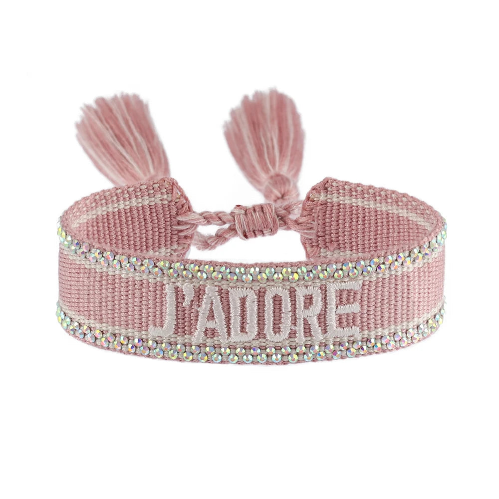 Freundschaftsarmbänder mit Schriftzug und Bling Steinen aus Baumwolle