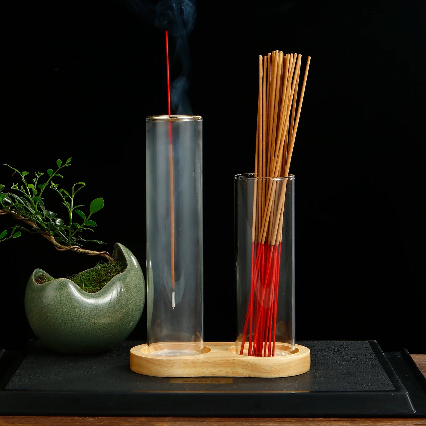2 in 1 Räucherstäbchenhalter aus Glas mit Organizer und Aschefänger