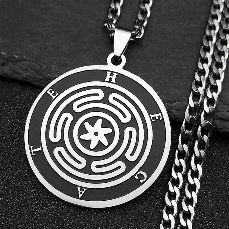 Edelstahl Halskette mit Hekate Rad Anhänger Silber für Damen