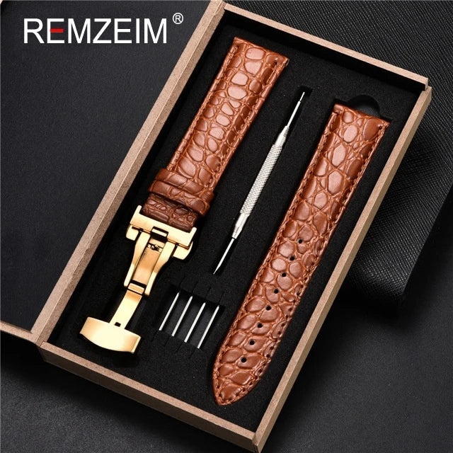 Geprägtes Leder Uhrenarmband 18-24mm mit Schmetterlingsverschluss