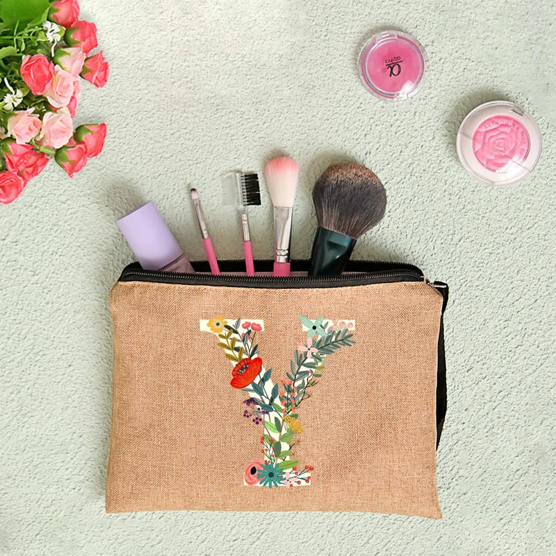 Leichter Leinwand Kosmetikbeutel mit Reißverschluss und floralem Design