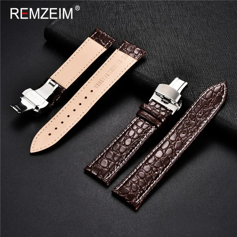Geprägtes Leder Uhrenarmband 18-24mm mit Schmetterlingsverschluss