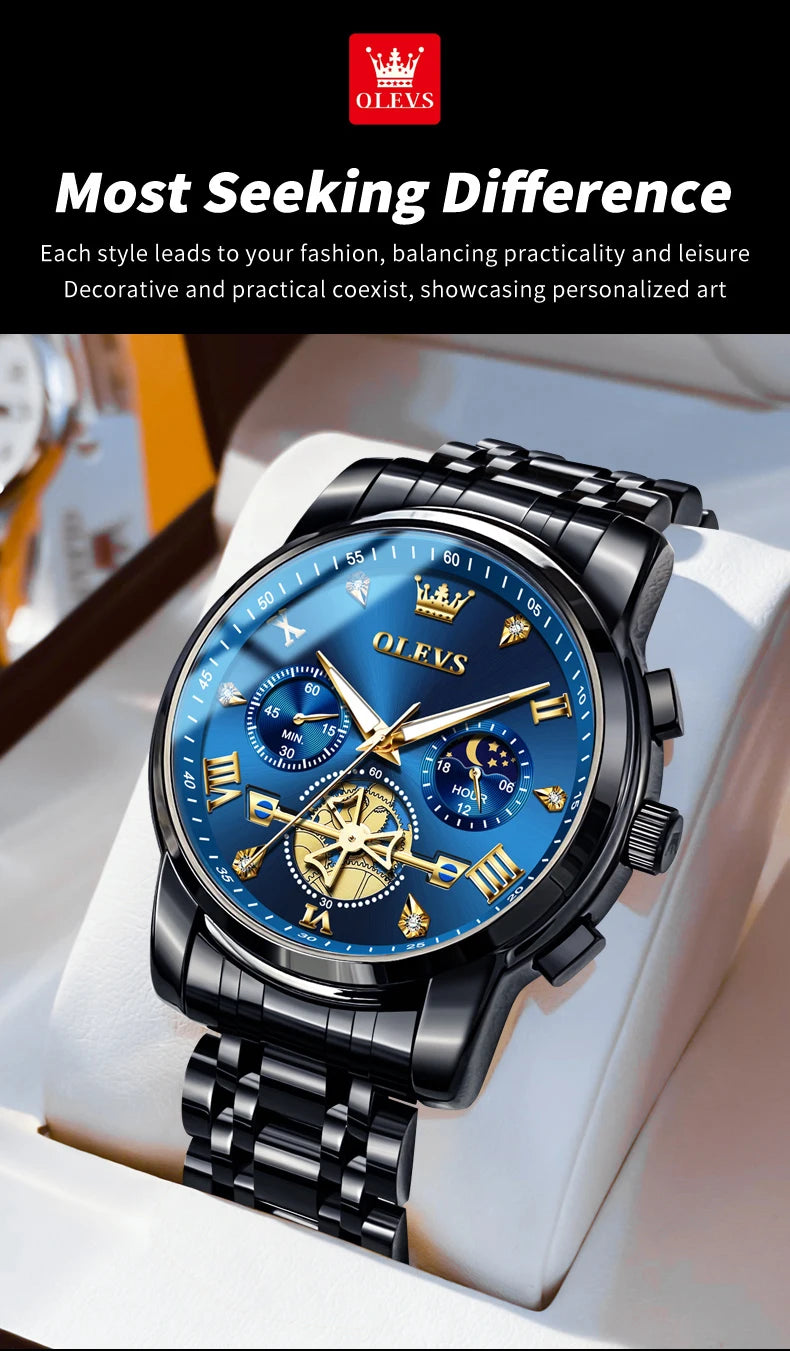 Klassische Herrenuhr mit Mondphase und Wasserdichtigkeit 3BAR