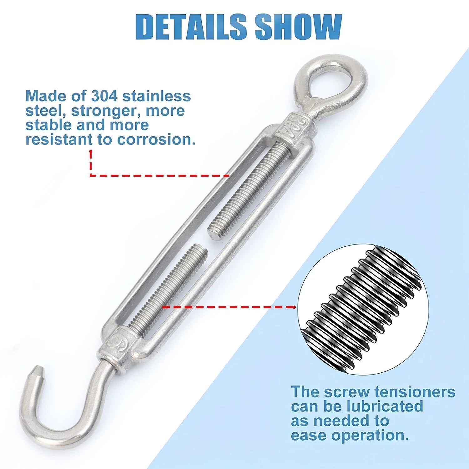 Edelstahl Haken und Öse Spanner Einstellbar Draht Seil Spannung Segel Garten-Yabubest - Home & More
