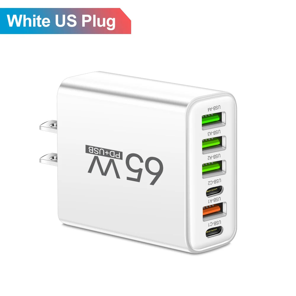 Kompaktes USB Ladegerät mit 65W und 6 Ports für schnelles Laden