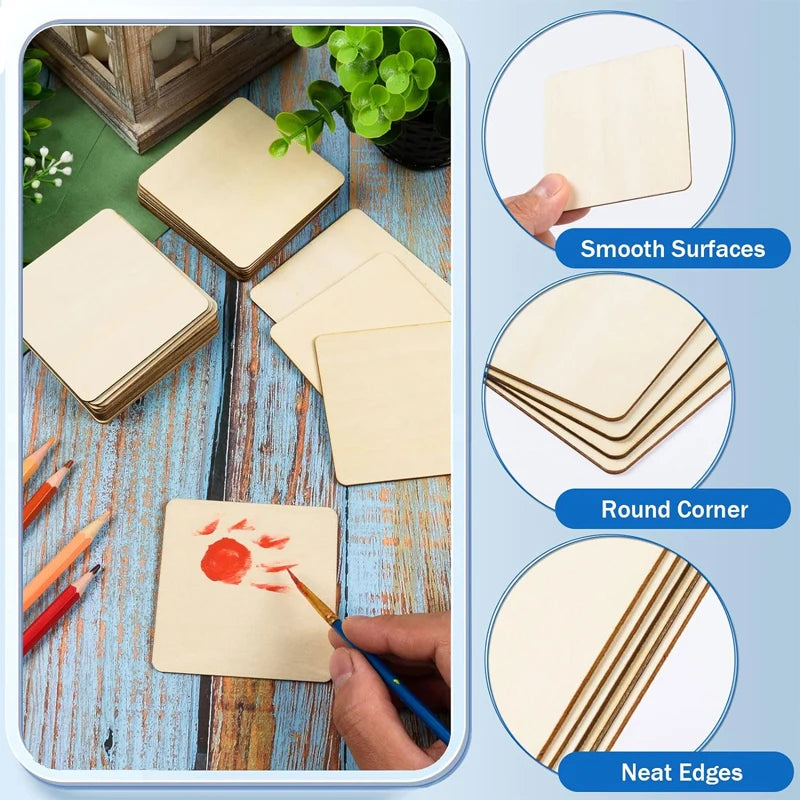 5er Set 12 cm quadratische Holzscheiben – glatt, naturbelassen für DIY-Kunst