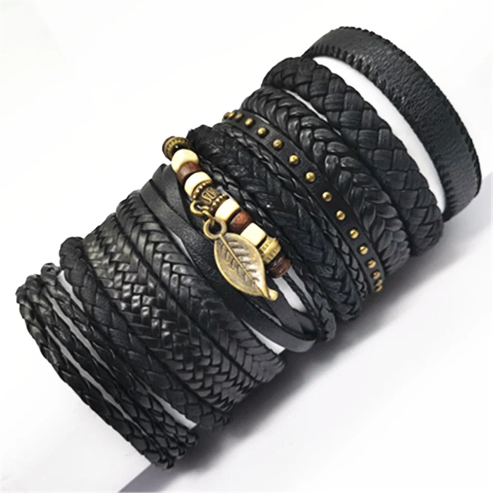 10 Stück Schwarze Lederarmbänder Handgewebt Verstellbar Unisex Schmuck