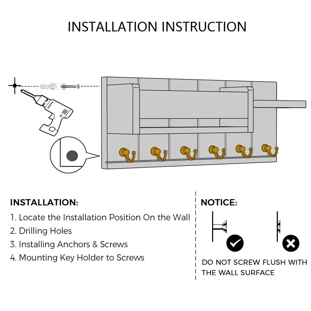 Schlüsselorganizer Holz Wandmontage mit 6 Haken und Regal Eingangsbereich
