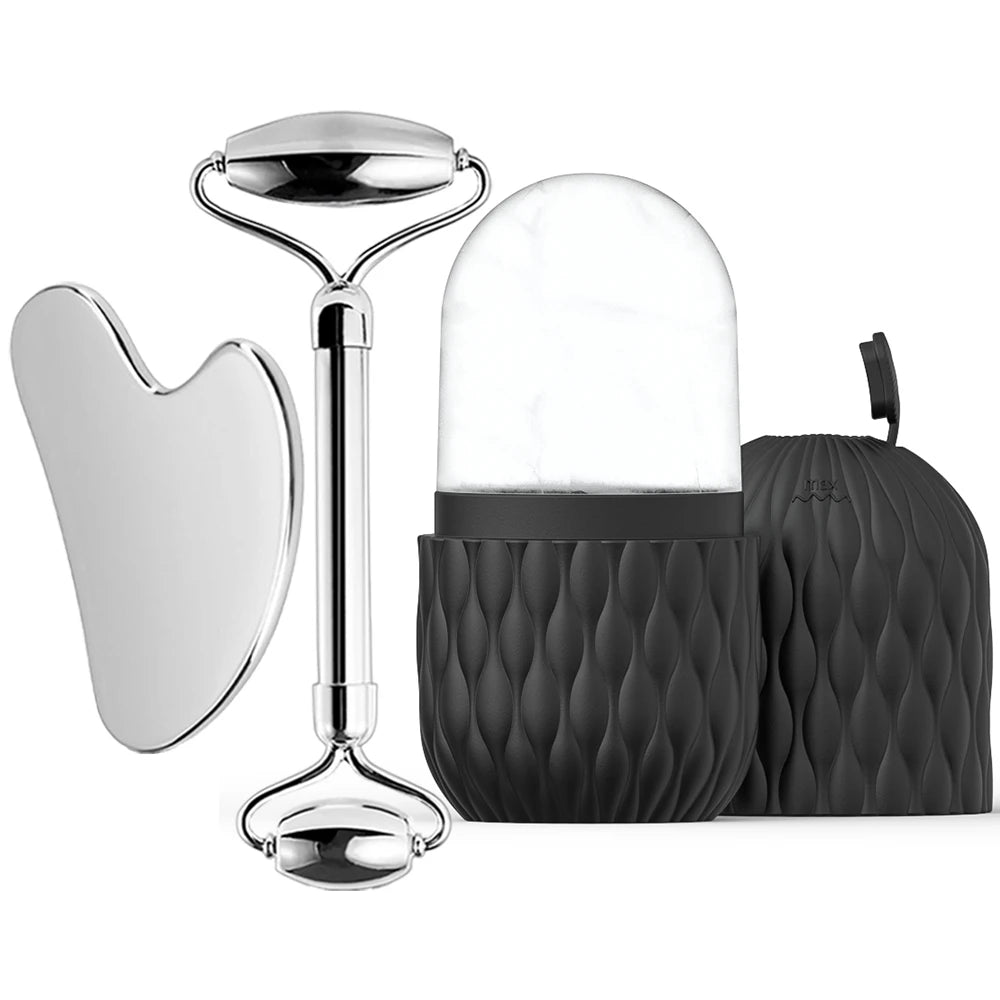 Gesichts-Roller Set: Kühlung, Massage & Hautpflege aus Silikon/Edelstahl