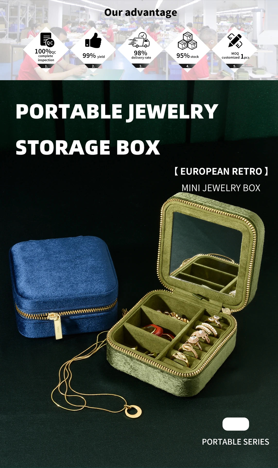 TAIMY Vintage Samt Reise-Schmuckbox Grün mit Spiegel Organizer