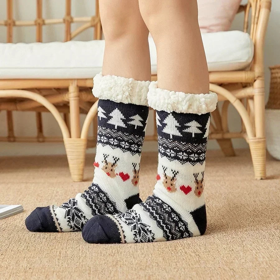 2er Set flauschige Damen Thermo-Socken rutschfest warm Plüsch Weihnachten