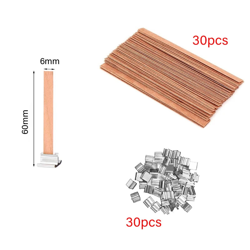 Kerzendocht Holz mit Clip Basis 30 oder 50 Stück Rauchfrei für DIY Kerzen