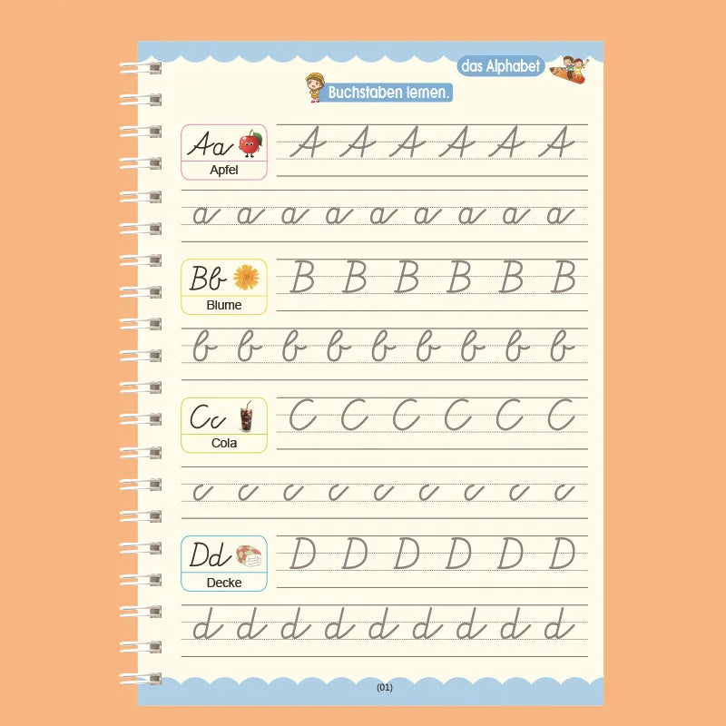 Wiederverwendbares Lernheft für Kinder zum Üben des deutschen Alphabets