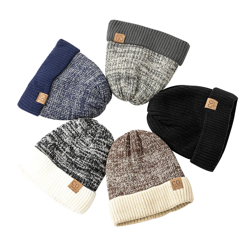 Unisex Zweifarbige Winter Beanie Mütze mit Pelzfutter für Wärme