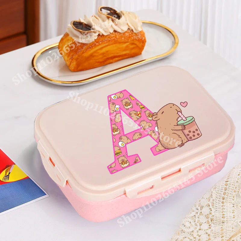 Niedliche Capybara Lunchbox mit A-Z Buchstaben, Single Layer Bento Box