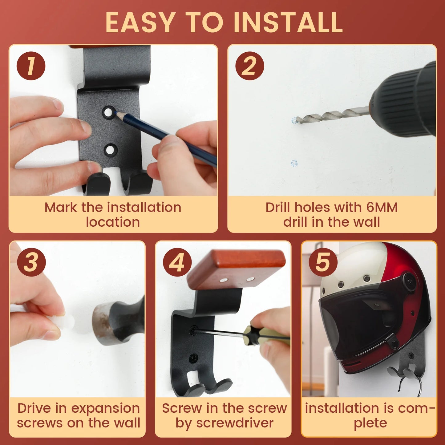 Bohrmontierter Motorradhelmständer aus Holz und Kohlenstoffstahl-Yabubest - Home & More