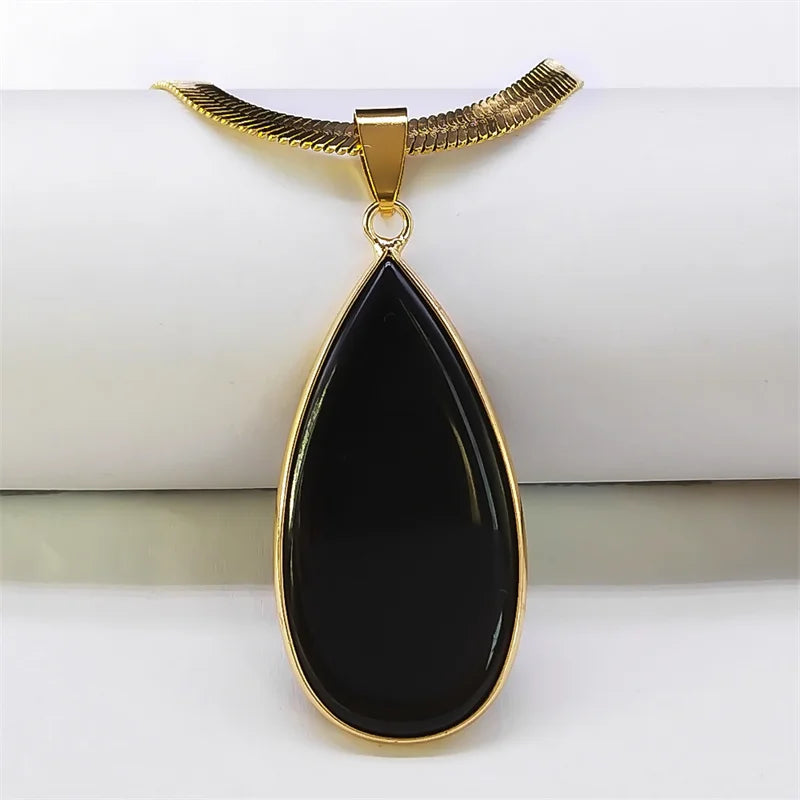 Kpop Schwarz Obsidian Wassertropfen Halskette Edelstahl Goldfarbe Damen