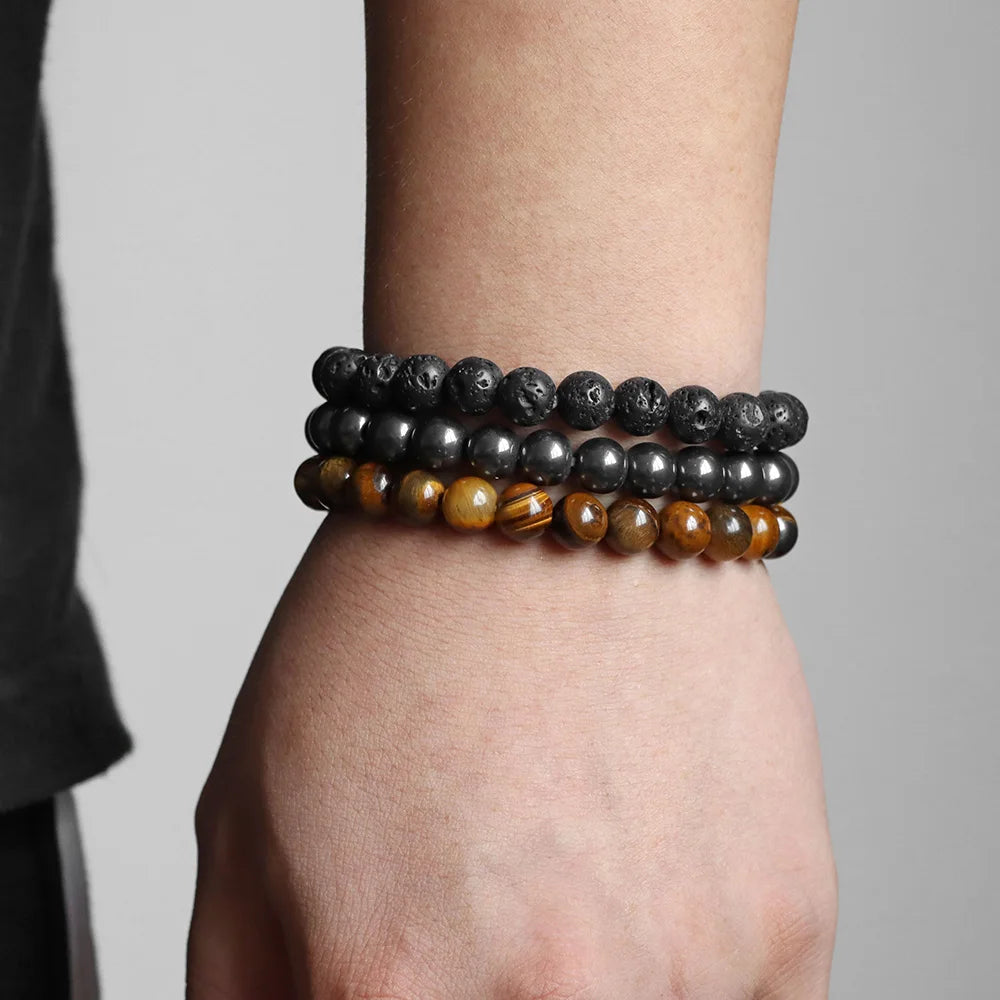 Handgemachtes Naturstein Armband Set für Männer mit Elastik