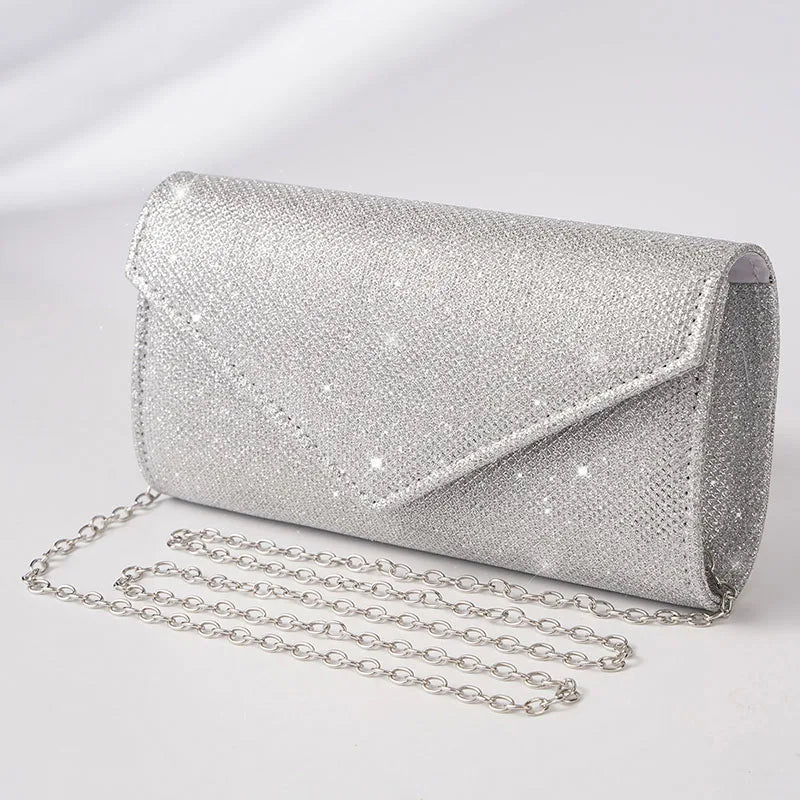 Glitzer Umschlag Handtasche mit Metallkette Damen Abendtasche Silber