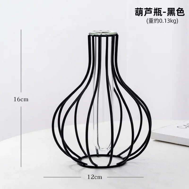 Nordische Goldene Glasvase mit Metallhalter für moderne Wohnkultur