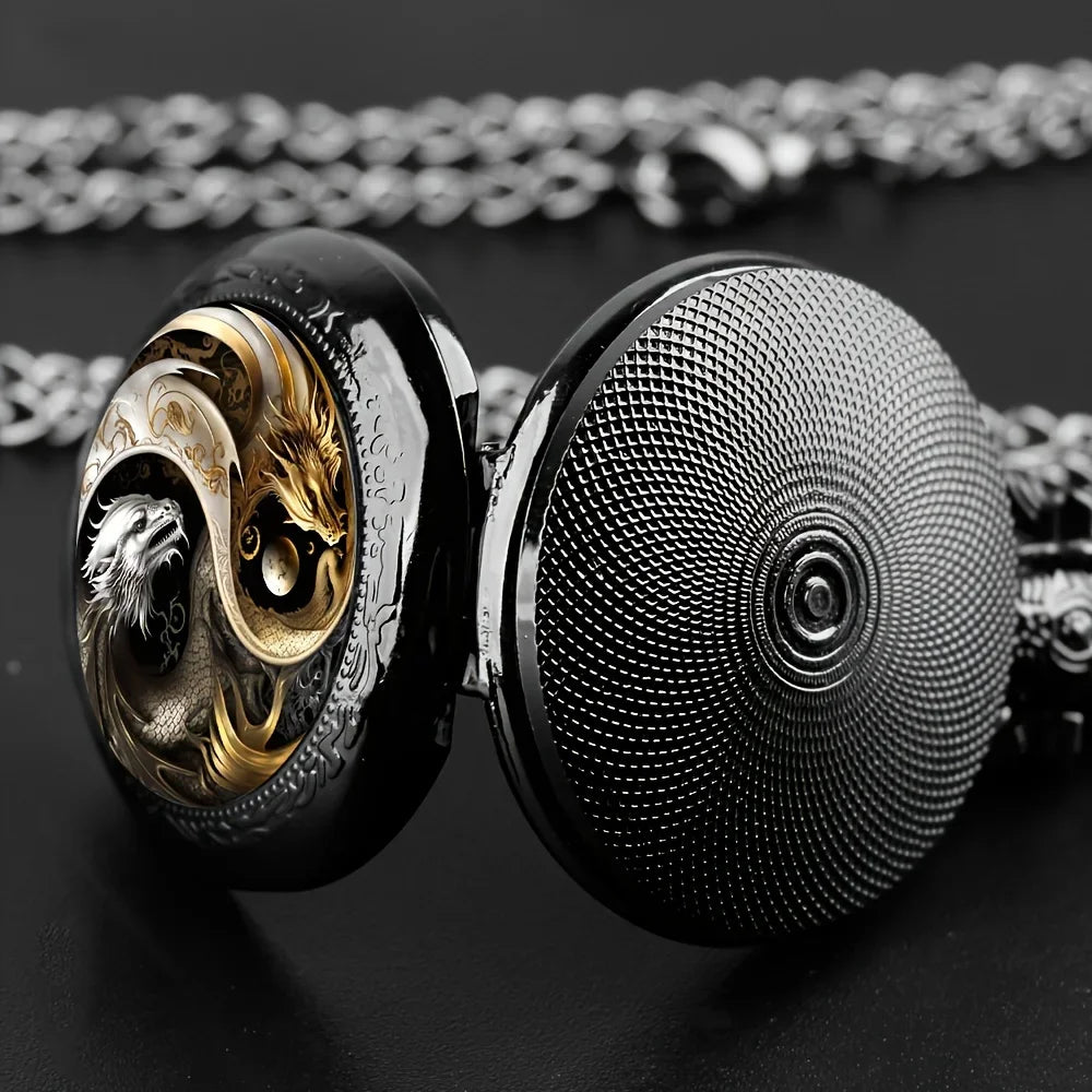 Vintage Drachen Quarz Taschenuhr Dual-Tone mit Kette Schmuck Geschenk