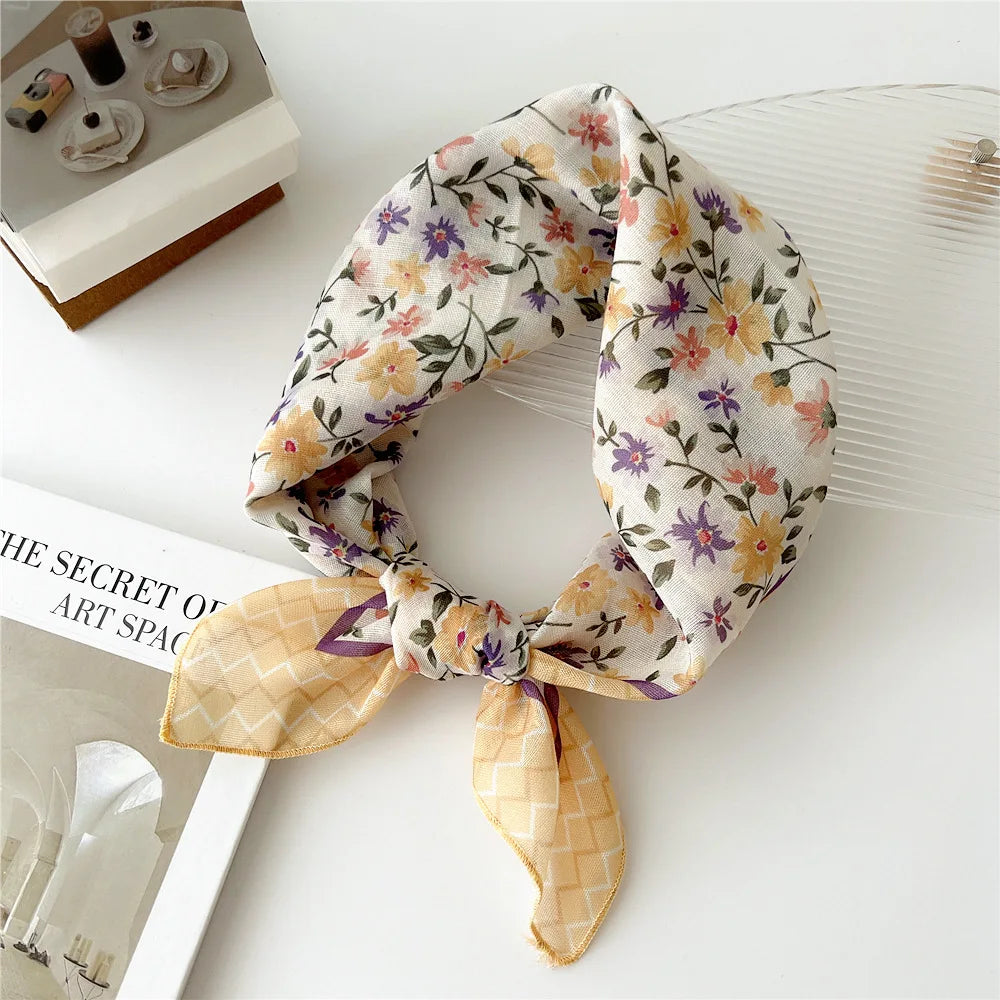 Baumwolle Leinen Quadrat Schal 55 cm Blumenmuster für Damen Frühling Sommer