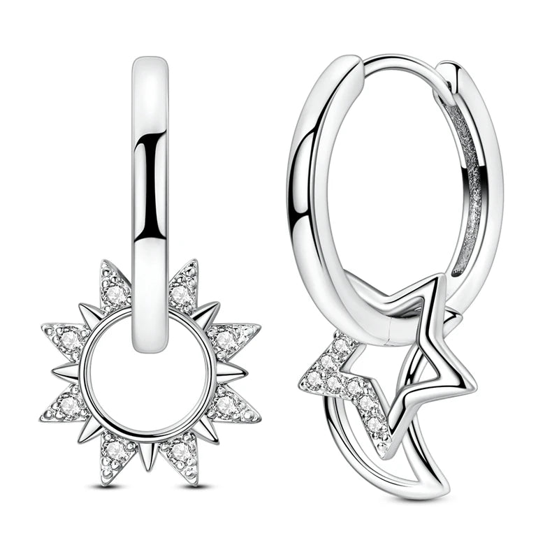 925er Sterlingsilber Creolen mit bunten Zirkon Blumen und Sternen Damenohrringe