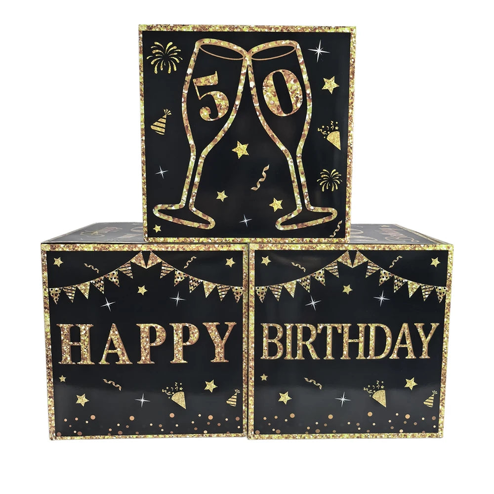 Elegante Schwarz Gold Papierbox mit Zahlen für Geburtstagsfeiern