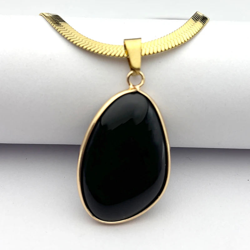 Kpop Schwarz Obsidian Wassertropfen Halskette Edelstahl Goldfarbe Damen