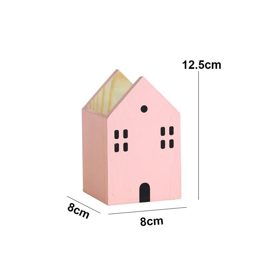Holz Haus Stifthalter Cartoon Desktop Organizer Bleistift Make-up Pinsel Box