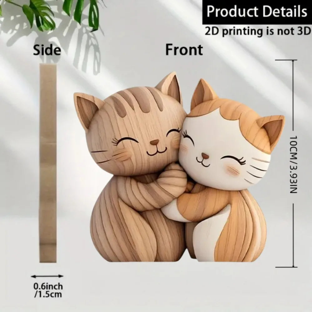 2D Holz Katze Hase Umarmung Figur – Desktop Deko - Tierliebhaber Geschenk