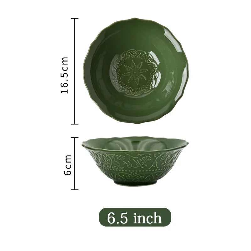 Retro Keramikgeschirr Set mit grünem Essteller und Suppenschüssel