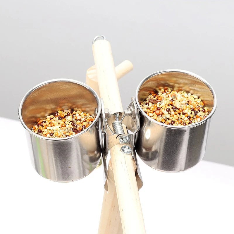 Edelstahl Futter- und Wasserschüssel mit Halter für Haustier-Vögel